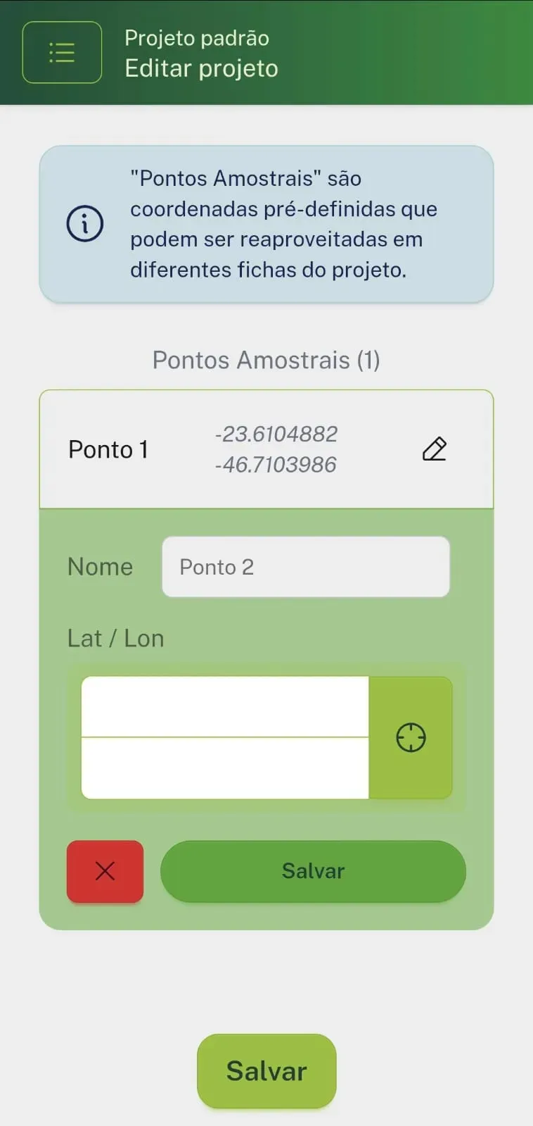 Criando pontos amostrais no Projeto padrão 